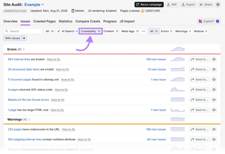 Semrush Site Audit Issues report filtered to Crawlability, showing errors and warnings