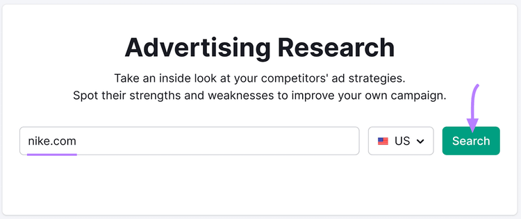 "nike.com" entered into the Advertising Research tool search bar