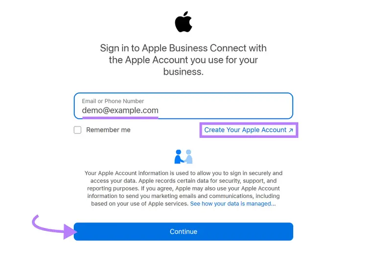 Sign-in page with email field, Create Your Apple Account link, and purple arrow to Continue.