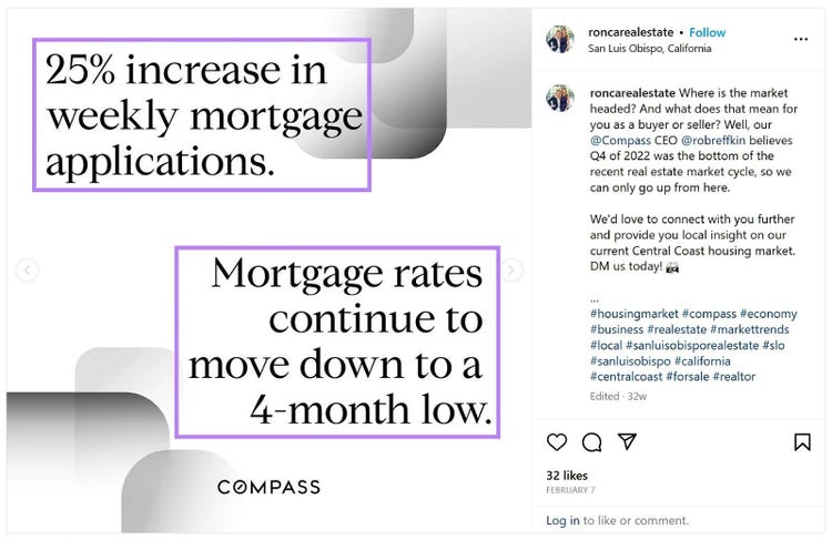 An Instagram post discussing market trends in real estate