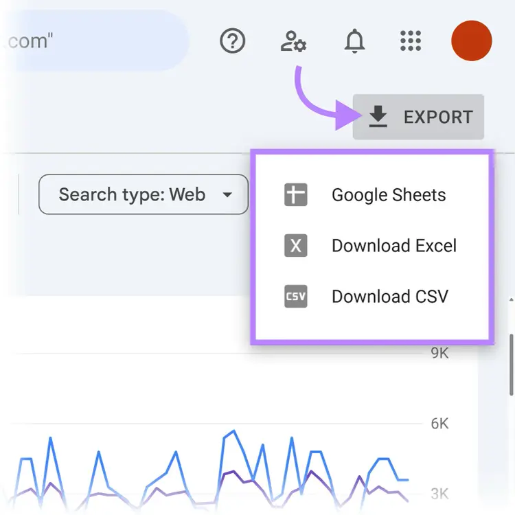 Export button clicked in Search Console showing options for Google Sheets, Excel, and CSV.