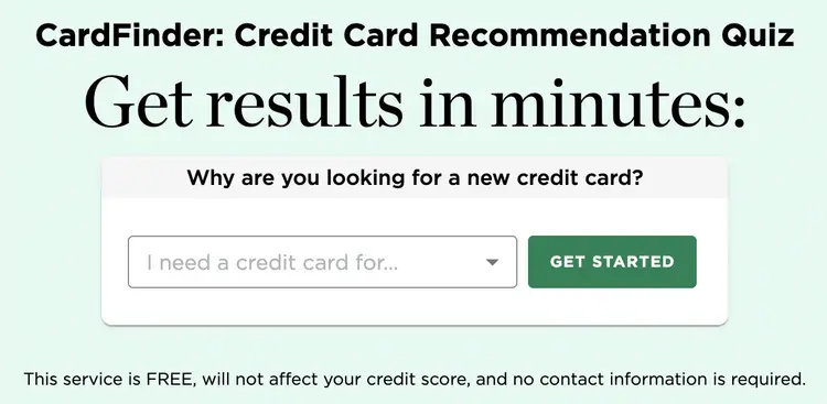 CardFinder Credit Card Recommendation Quiz form interface