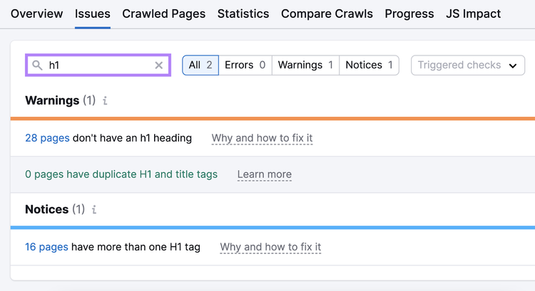 Results for "h1" in Site Audit's "Issues" tab