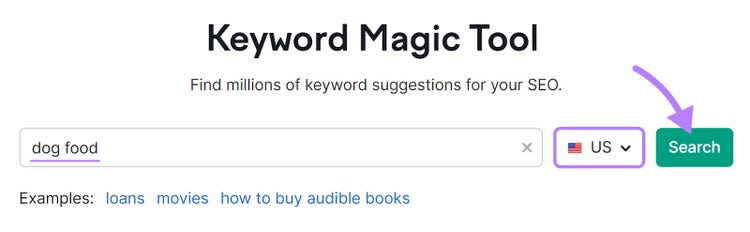 "dog food" entered into the Keyword Magic Tool search bar