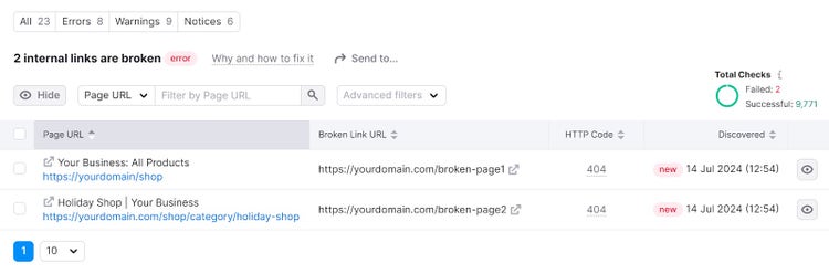 "2 internal links are broken" report of the Site Audit tool.