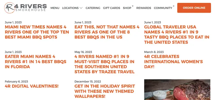 4 Rivers Smokehouse blog page shows relevant topics and local news