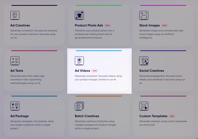 Feature grid for ad creation with Ad Videos option highlighted