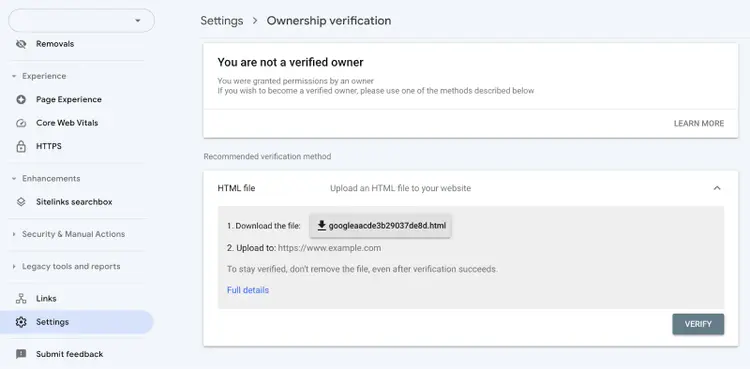 Ownership verification section in GSC