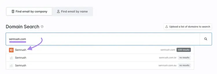 The "Find email by company" tab on Hunter with a domain entered and selected from the list when it appears.