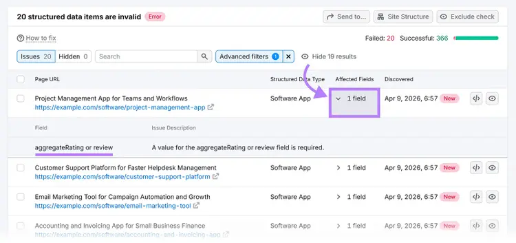 Structured data issue details showing missing aggregateRating or review field