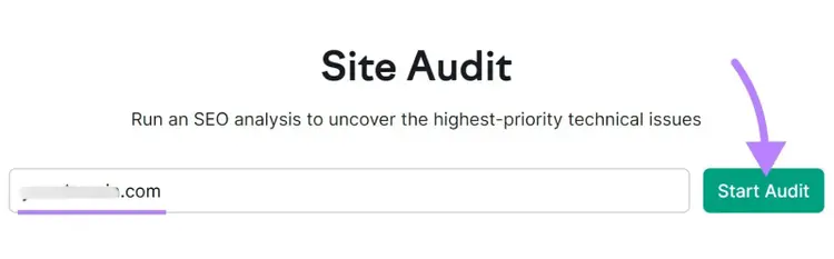 Site Audit tool interface with domain input field and Start Audit button