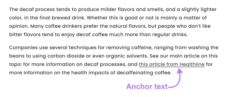 Text paragraph highlighting anchor text within a backlink