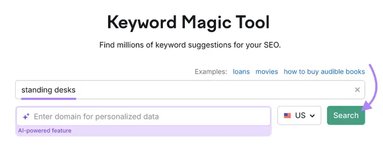 Screenshot: Keyword Magic Tool with 'standing desks' search input, country selector, and Search button