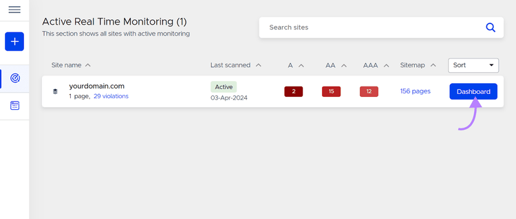 Active real time monitoring dashboard in Accessibility Scan & Monitor app