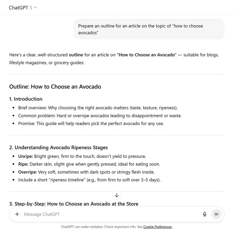 ChatGPT window displaying an outline for an article on how to choose avocados with bullet points for each section.