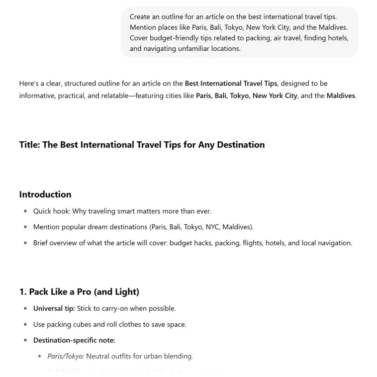 Structured article outline generated by ChatGPT, featuring an introduction and key points to organize ideas clearly for readers