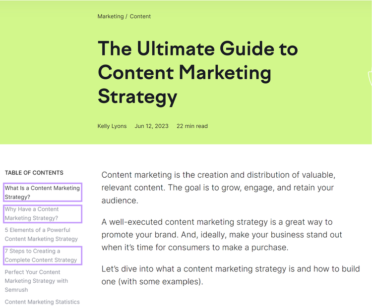 Semrush's blog titled "Ultimate Guide to Content Marketing Strategy"