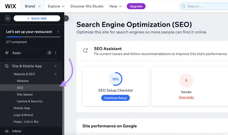 Wix SEO in navigation