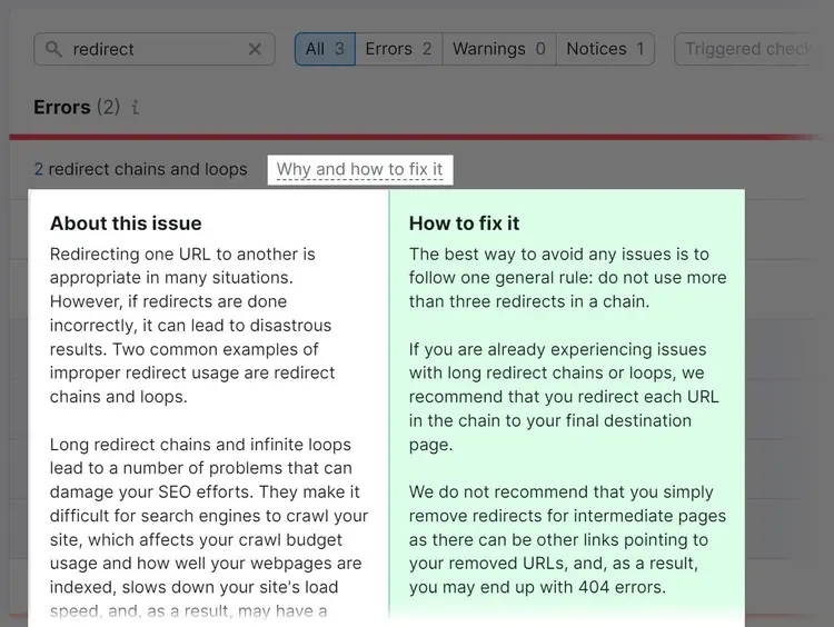 results show redirect loops with advice on how to fix them