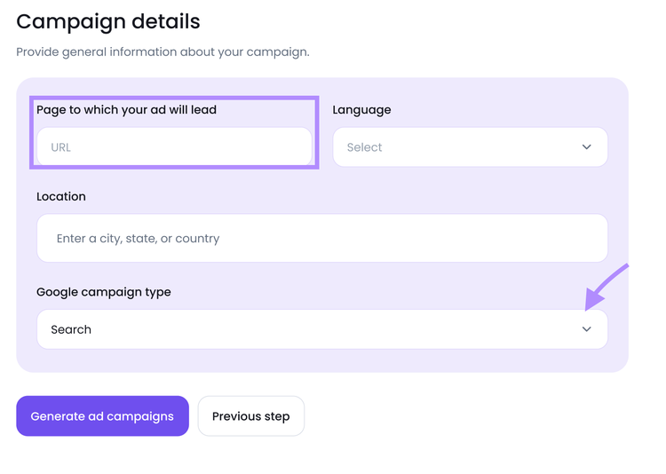 Semrush Ads Launch Assistant campaign details form with landing page URL, language, location, and Google campaign type options
