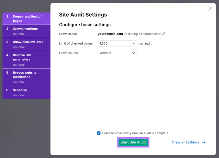 Site Audit settings popup with Start Site Audit button highlighted
