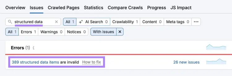 The Issues tab on Site Audit showing a list of structured data errors affecting a site.