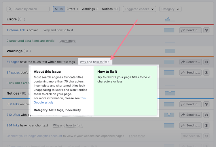 Why and how to fix it section in Site Audit tool