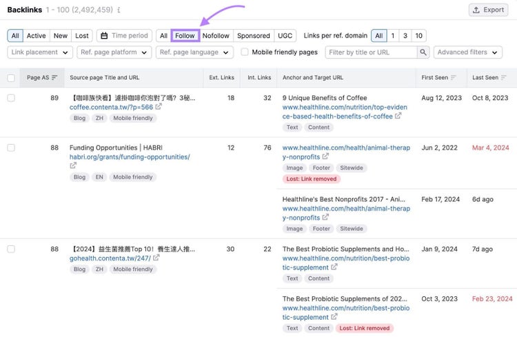 a list of dofollow backlinks in Backlinks tool