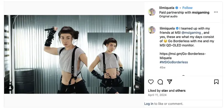 Instagram post from lil miquela about MSI Go Borderless