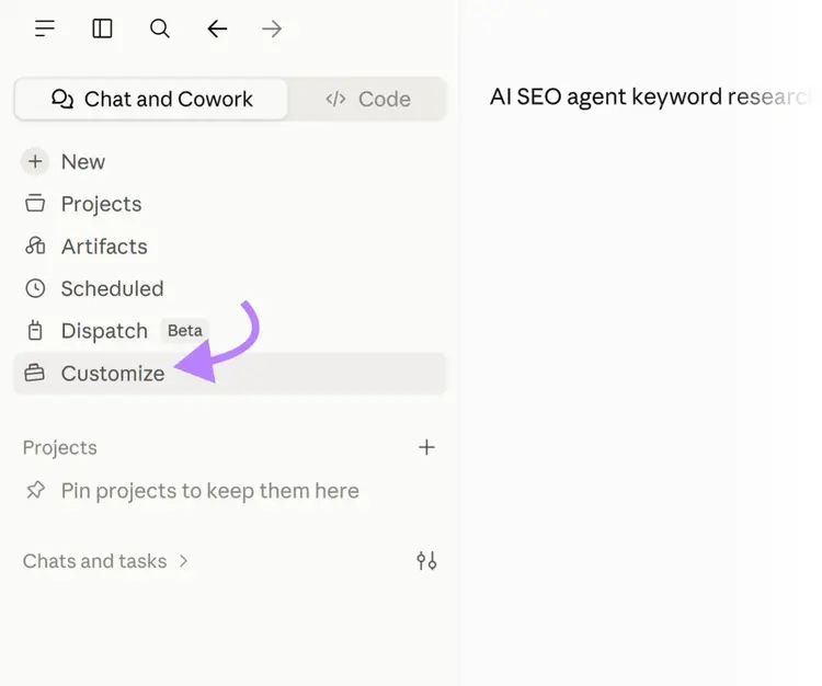 Claude sidebar with the Customize option highlighted for creating or managing custom skills
