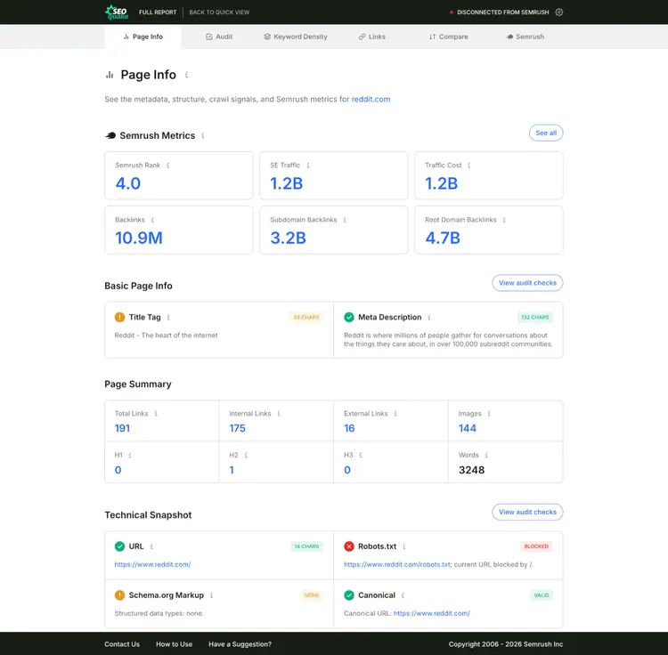 SEOquake full report