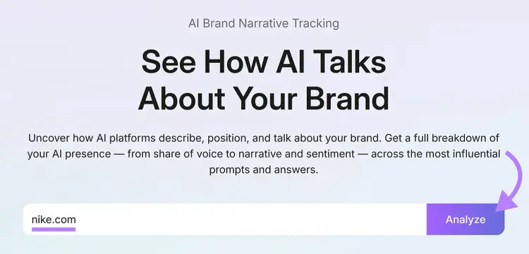 AI Brand Narrative Tracking page with a field to enter a domain and analyze how AI talks about the brand