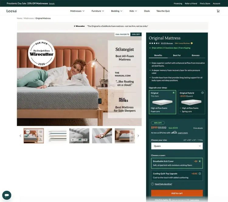 Leesa Original Mattress product page with reviews, size options, upgrades, pricing, and Add to Cart