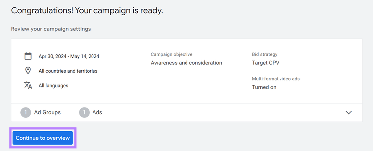 summary of Google Ads campaign settings