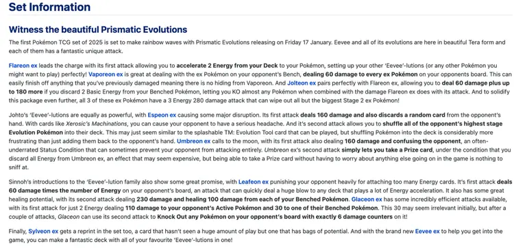 Cardmarket Pokémon Prismatic Evolutions set information describing Energy card effects and strategy
