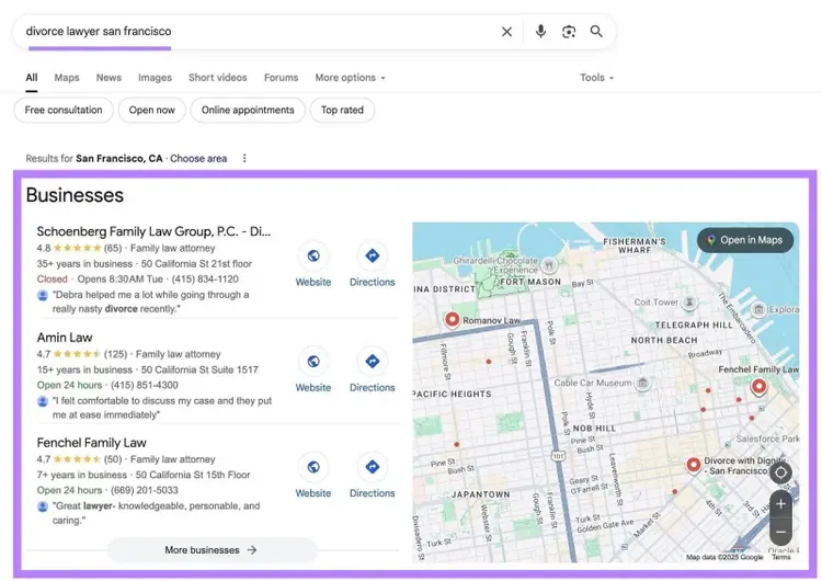Google SERP for the term "divorce lawyer san francisco" with the local pack highlighted.