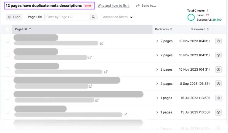A list of pages with duplicate meta descriptions in Site Audit tool