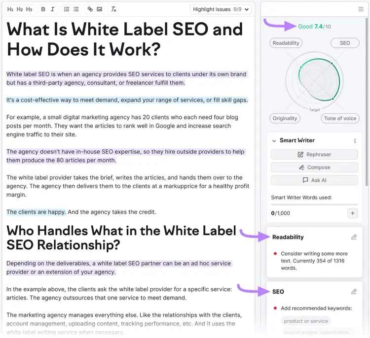 SEO Writing Assistant editor with an article on white label SEO on the left and content scores and suggestion on the right