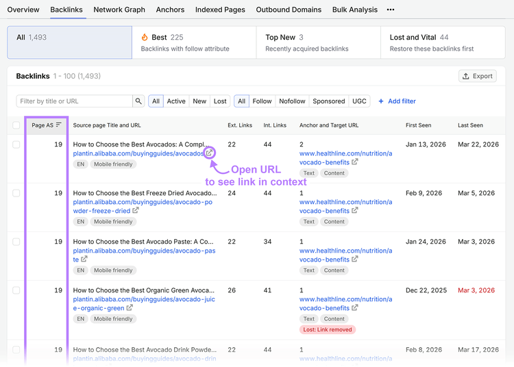Backlinks report highlighting page authority scores and a source URL to view the backlink in context
