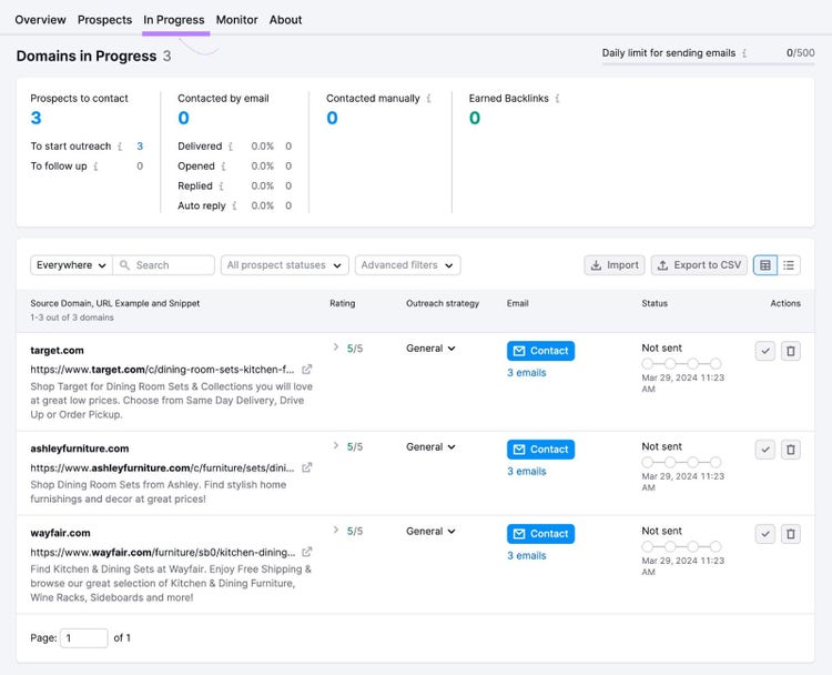 a page showing domains in progress, like target.com, ashleyfurniture.com, and wayfair.comom