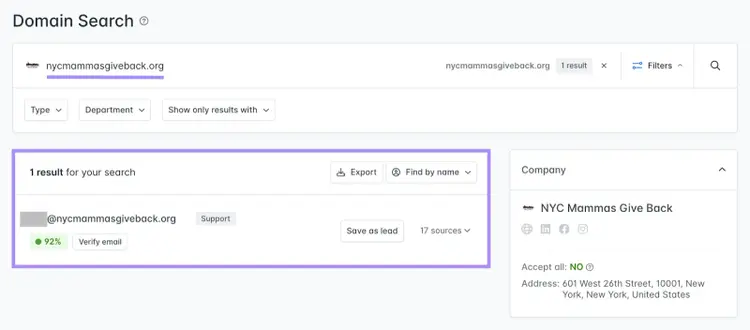 Doing a "Domain Search" for "nycmammasgiveback.org" in Hunter.io returned 1 result