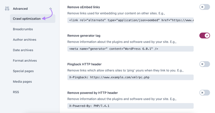 Navigate to crawl optimization and toggle on Remove generator tag