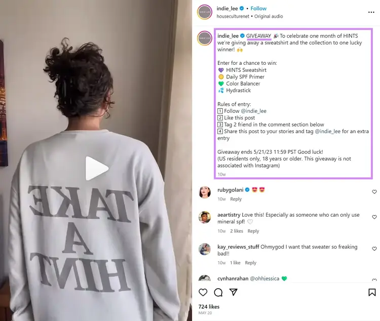 Indie Lee's giveaway contest on Instagram