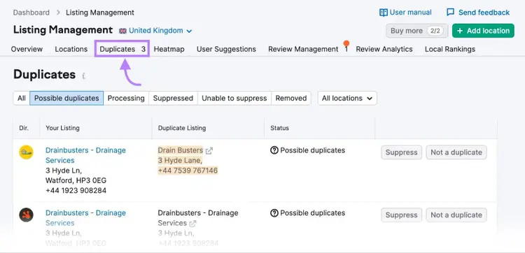 “Duplicates” listing report