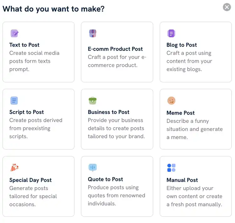 List of options on AI Social Content Generator