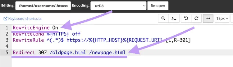 Adding the redirect code to the .htaccess file