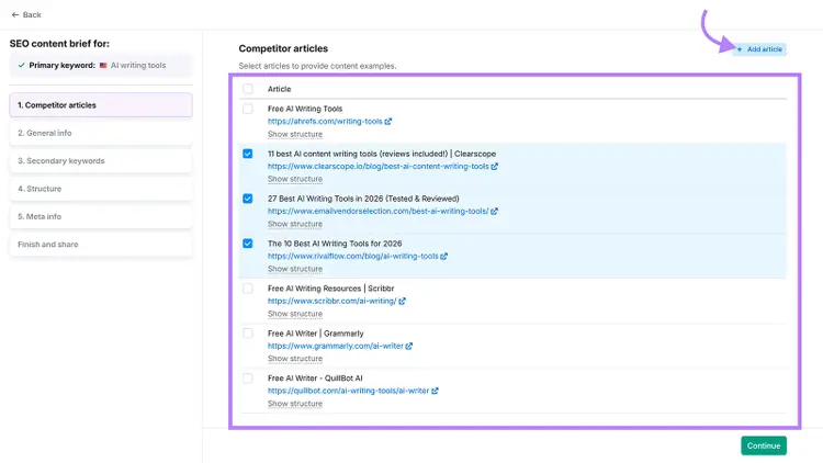 Semrush SEO content brief showing competitor articles selected to guide an AI writing tools blog post.