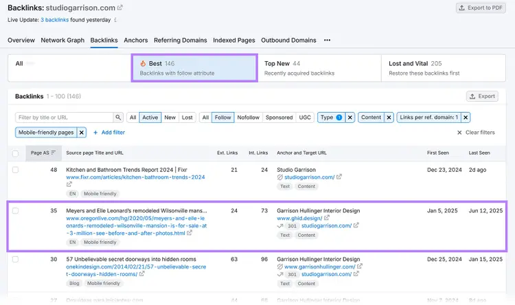 Backlinks report listing websites linking to Studio Garrison’s site