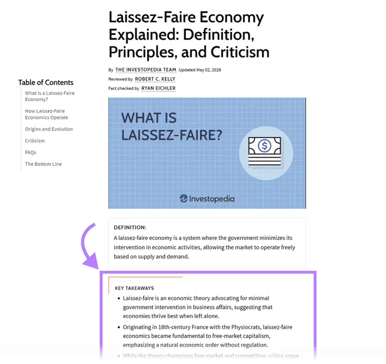 Investopedia article with the definition and key takeaways about a laissez-faire economy highlighted