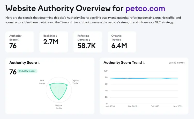 Website Authority Overview showing authority score, backlinks, referring domains, and traffic trends.